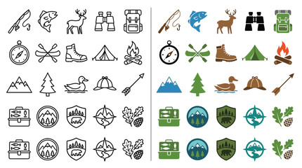 Collection of outdoor adventure and camping icons, presented in both line art and filled color styles. © Farina