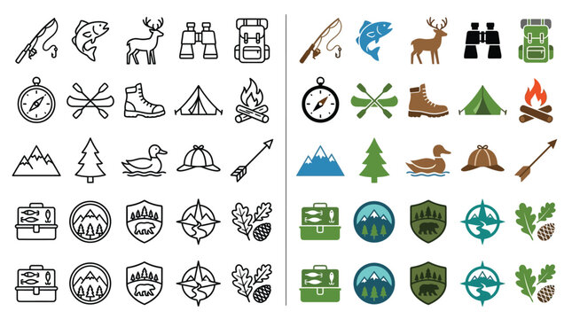 Collection of outdoor adventure and camping icons, presented in both line art and filled color styles.