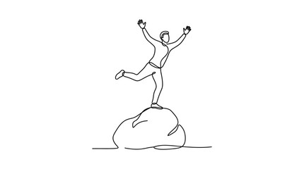 Continuous line drawing of a successful man standing on a rock celebrating victory. © sena