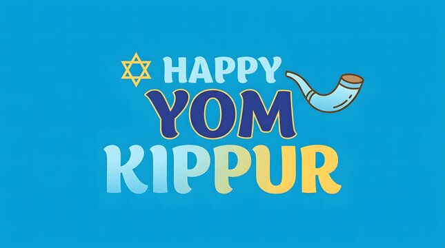 Happy Yom Kippur greeting card with golden shofar and festive text. Jewish holiday celebration banner featuring traditional symbols and warm wishes.