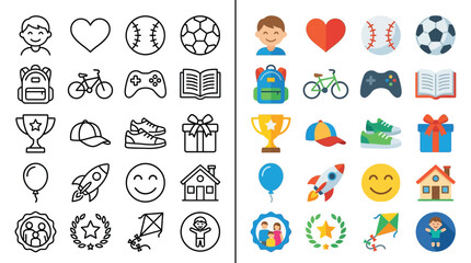 Collection of colorful icons representing childhood, hobbies, and fun activities for children.