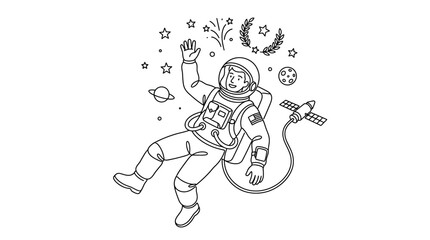 Obraz premium Astronaut floating in outer space with celestial elements line art.
