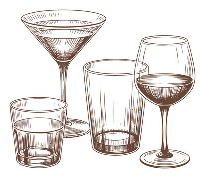 Ilustraci&oacute;n dibujada a mano de diversos vasos y recipientes para bebidas