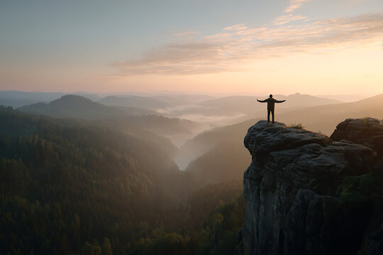 Silhouette of hiker standing on mountain peak at sunrise enjoying foggy valley view and freedom