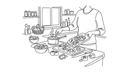 Obraz premium A woman cooking healthy vegetables in a home kitchen line art illustration.