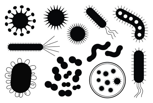Conjunto de siluetas negras que representan diversas bacterias y virus