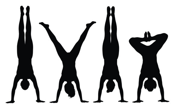 Siluetas de cuatro personas realizando diversas posturas de yoga en equilibrio de manos