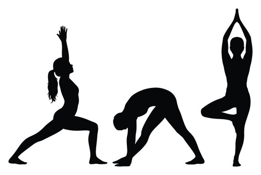 Siluetas de mujeres realizando diversas posturas de yoga y ejercicios de estiramiento