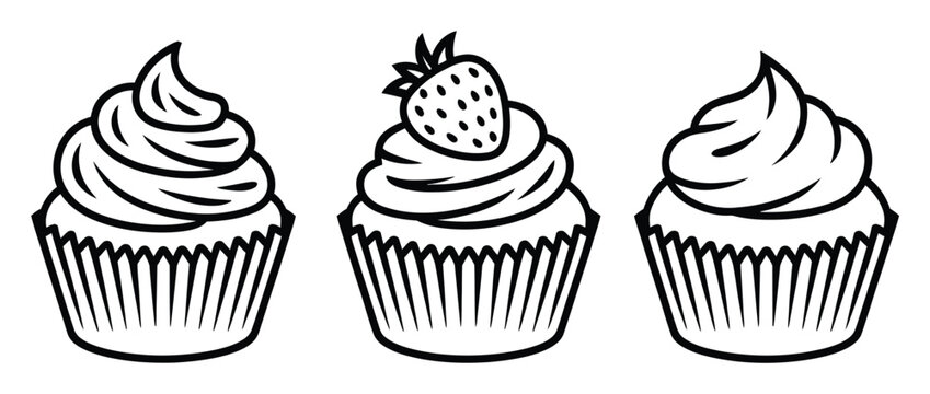 Dibujo lineal de tres deliciosos cupcakes con glaseado y fresa