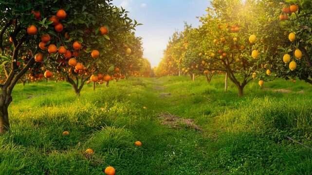 Serene orchard with ripe oranges and lemons hanging from lush green trees in a peaceful natural setting