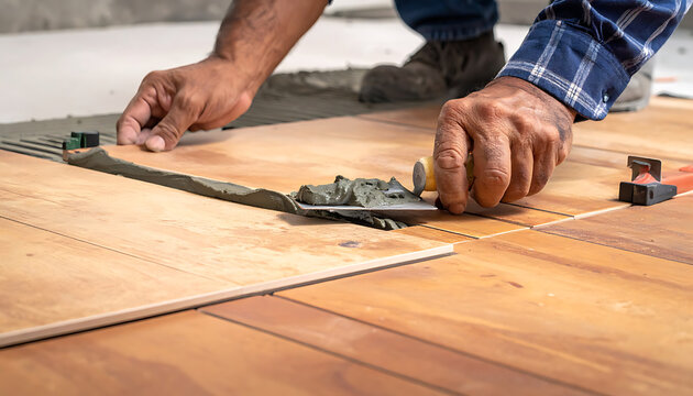 Tiler applying adhesive to wooden-look floor tiles with a trowel, leveling spacers ensuring a precise installation, home renovation detail