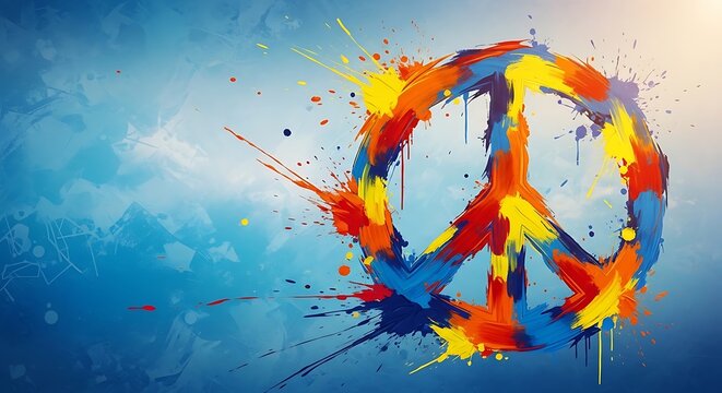 Abstract Peace Sign Symbol with Colorful Paint Splatter Art on Blue Background