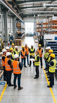 Diverse team of warehouse workers in safety vests and hard hats gathered for a briefing in a modern distribution center