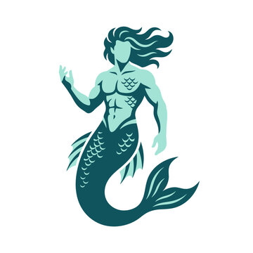 A stylized illustration of a merman swimming in the ocean