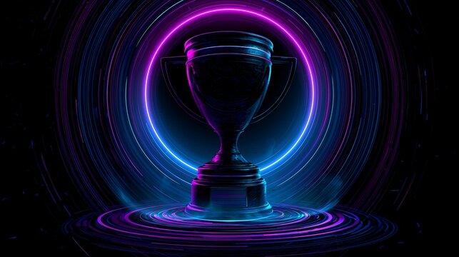 Neon-lit trophy gleams amidst swirling violet and cyan light trails. Dark backdrop amplifies radiant glow.