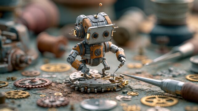 Small steampunk styled robot with mechanical limbs and antenna assembling intricate vintage clockwork parts on textured workbench surface with tools scattered