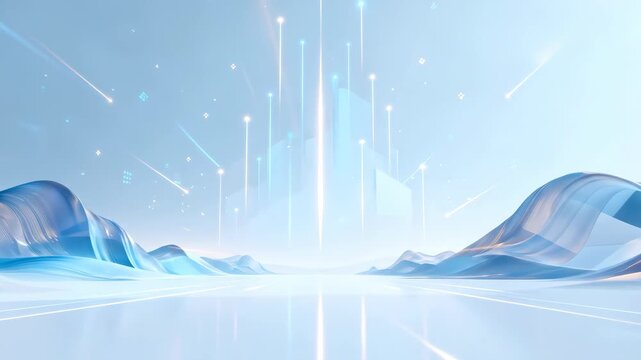 Dynamic futuristic digital landscape featuring glowing light beams and flowing data, symbolizing interconnectedness, technological innovation, and a vision of the future