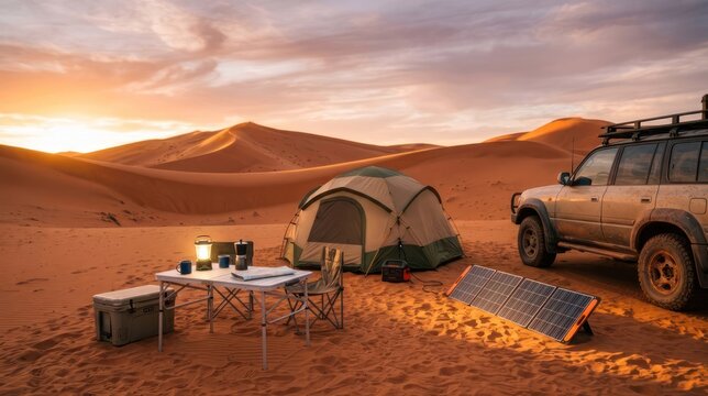 Desert Adventure - Tent and SUV Camp Setup at Sunset.