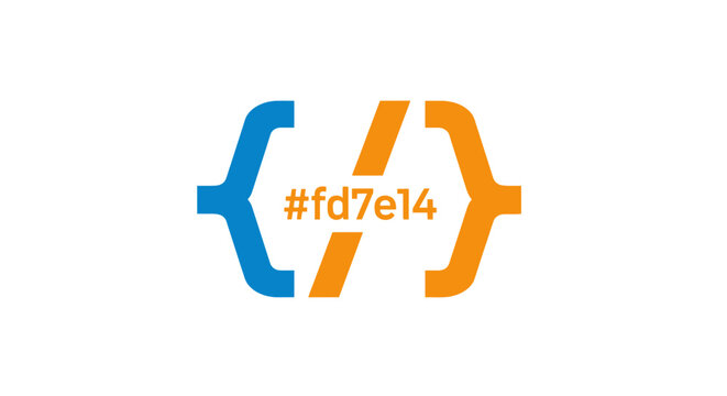 A colorful programming bracket symbol with a hexadecimal color code inside