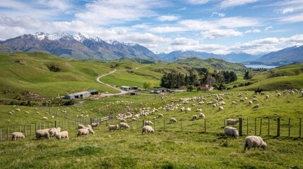 Fototapeta premium Scenic New Zealand Landscape with Sheep Grazing and Snow-Capped Mountains.