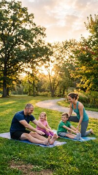 Family enjoys outdoor yoga session in park at sunset with children laughing and parents guiding