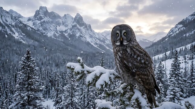 Great grey owl perched on snowy pine branch.