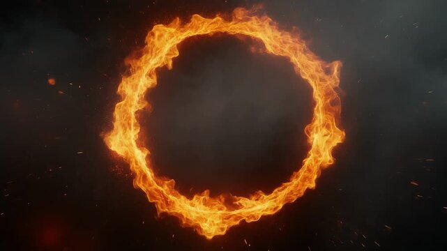 A blazing ring of fire spinning slowly with sparks and dark smoky background for dramatic effect