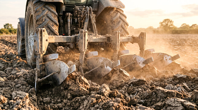 Moldboard plow turning over soil clods close up during field preparation, bio control system