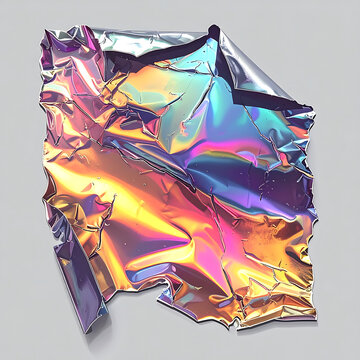 Crushed holographic foil texture, iridescent metallic surface with rainbow reflections, abstract background for design