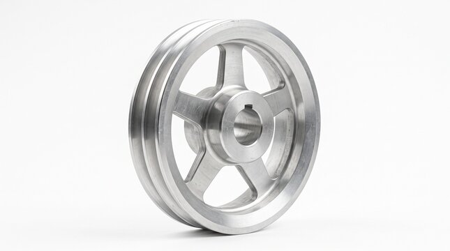 Silver aluminum V-belt pulley with double grooves and five spokes on white background