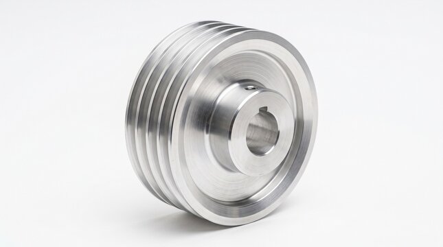 Precision machined aluminum v-belt pulley for industrial mechanical power transmission systems isolated on white