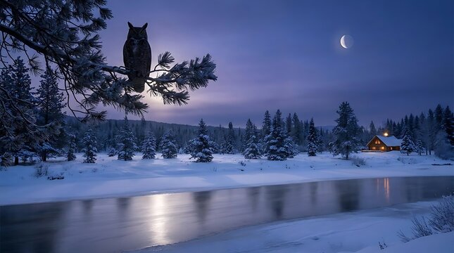 Great horned owl perched on pine branch at twilight