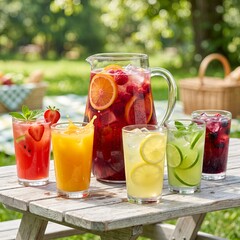 Fototapeta premium Refreshing Colorful Summer Fruit Drink with Ice Cubes and Fresh Citrus on Clean Backgroun