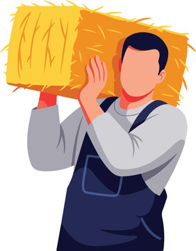 Farmer Carrying Hay Bale in Field with Clear Sky