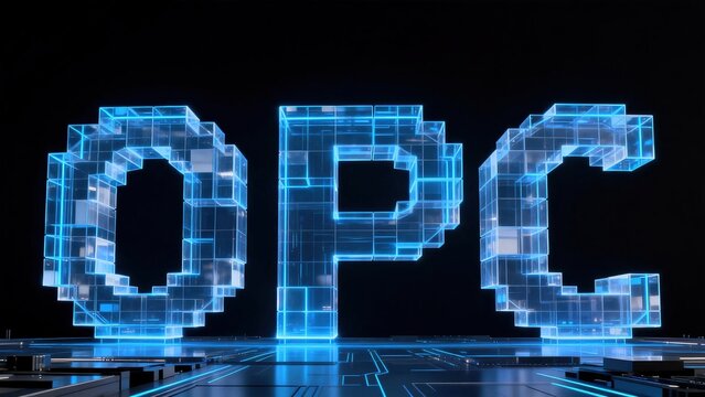 Futuristic glowing blue transparent cube constructed OPC letters on dark glowing tech grid floor for digital technology and data concept presentation