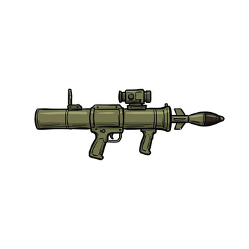 Green Tube Style Rocket Launcher With Pistol Grip Handles A Mounted Sight And A Loaded Rocket Projectile Extending From The Front Vector Illustration