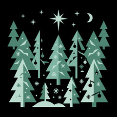 Obraz premium A stylized winter forest scene with a starry night sky and falling snow