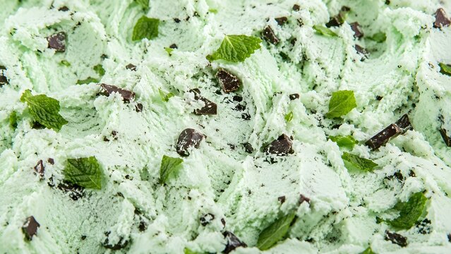 Close-up of creamy mint chocolate chip ice cream with fresh mint leaves and dark chocolate chunks. Refreshing frozen dessert background with rich texture.