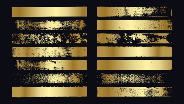 Gold grunge brush stroke banner collection with distressed paint texture isolated on black background for design