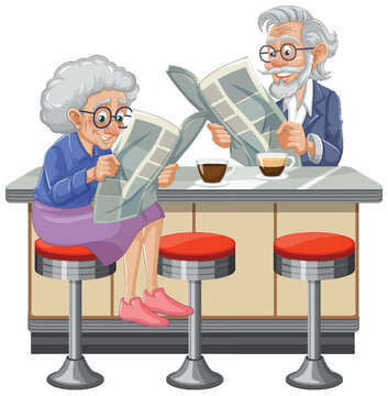 Elderly Couple Reading Newspapers at Coffee Counter