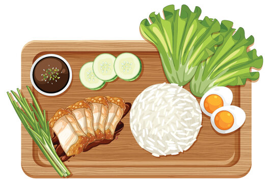 Chicken Rice Platter with Eggs and Fresh Vegetables on Board