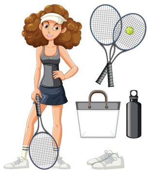 Female Tennis Player with Equipment and Accessories Vector Set