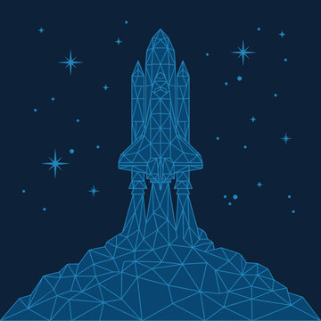 A blue wireframe rocket launching into a starry digital space