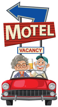 Senior Couple Arriving at Motel in Classic Red Car
