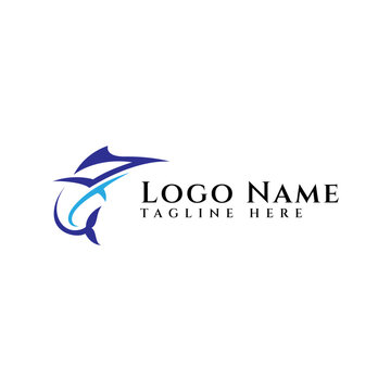 Marlin fish vector logo with simple design style in blue