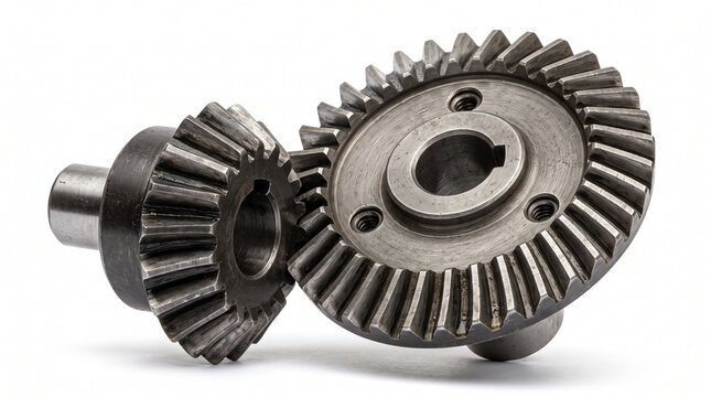 Two stainless steel bevel gears interlocking machine spare parts isolated on white background