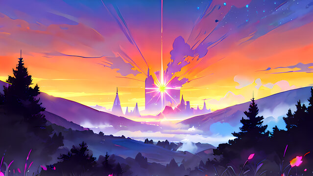 Vibrant Fantasy Mountain Landscape with a Glowing City at Sunset