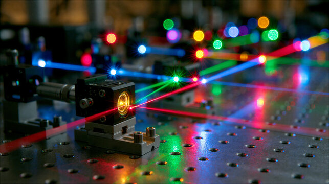 Vibrant laser light beams display an optical science experiment, inspiring photonics wonder