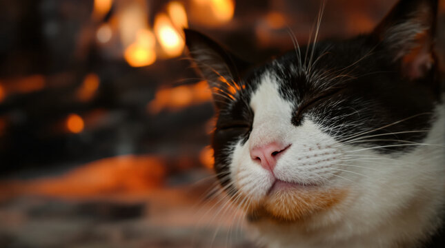 Tuxedo cat resting by a warm fireplace. Cozy pet relaxing in front of a glowing hearth.
