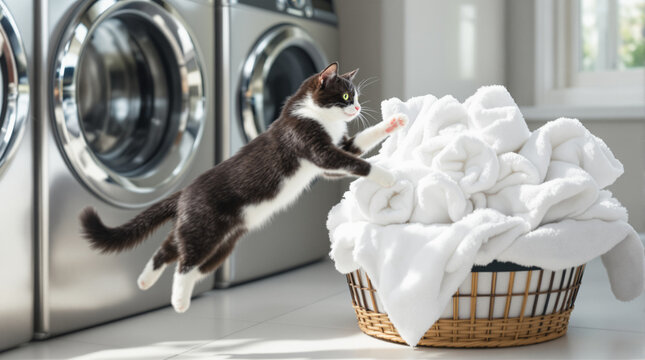 Tuxedo cat jumping into laundry basket. Playful kitten leaping towards clean white towels.